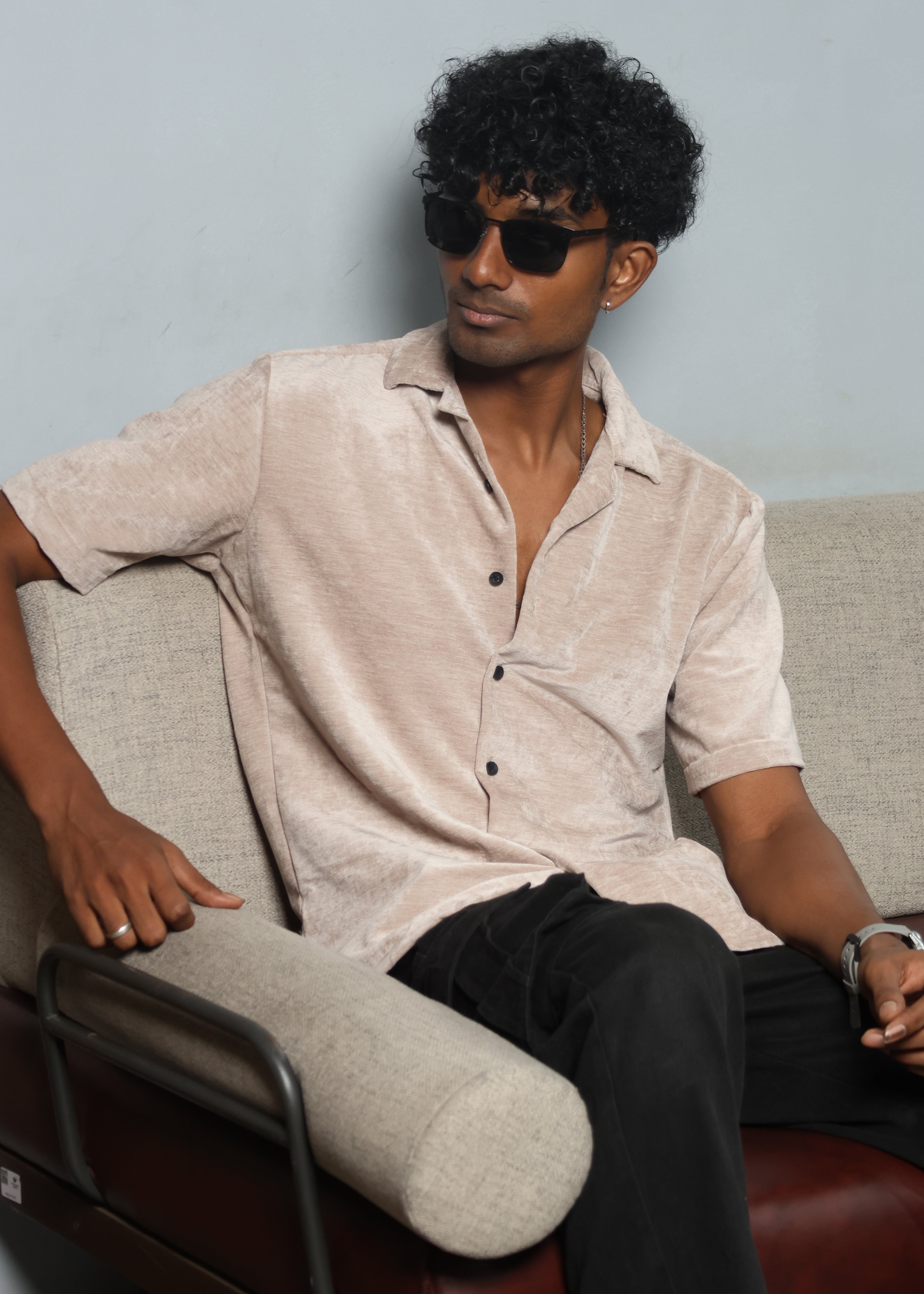 Velvet Half Sleeve Shirt - Beige Secondary image