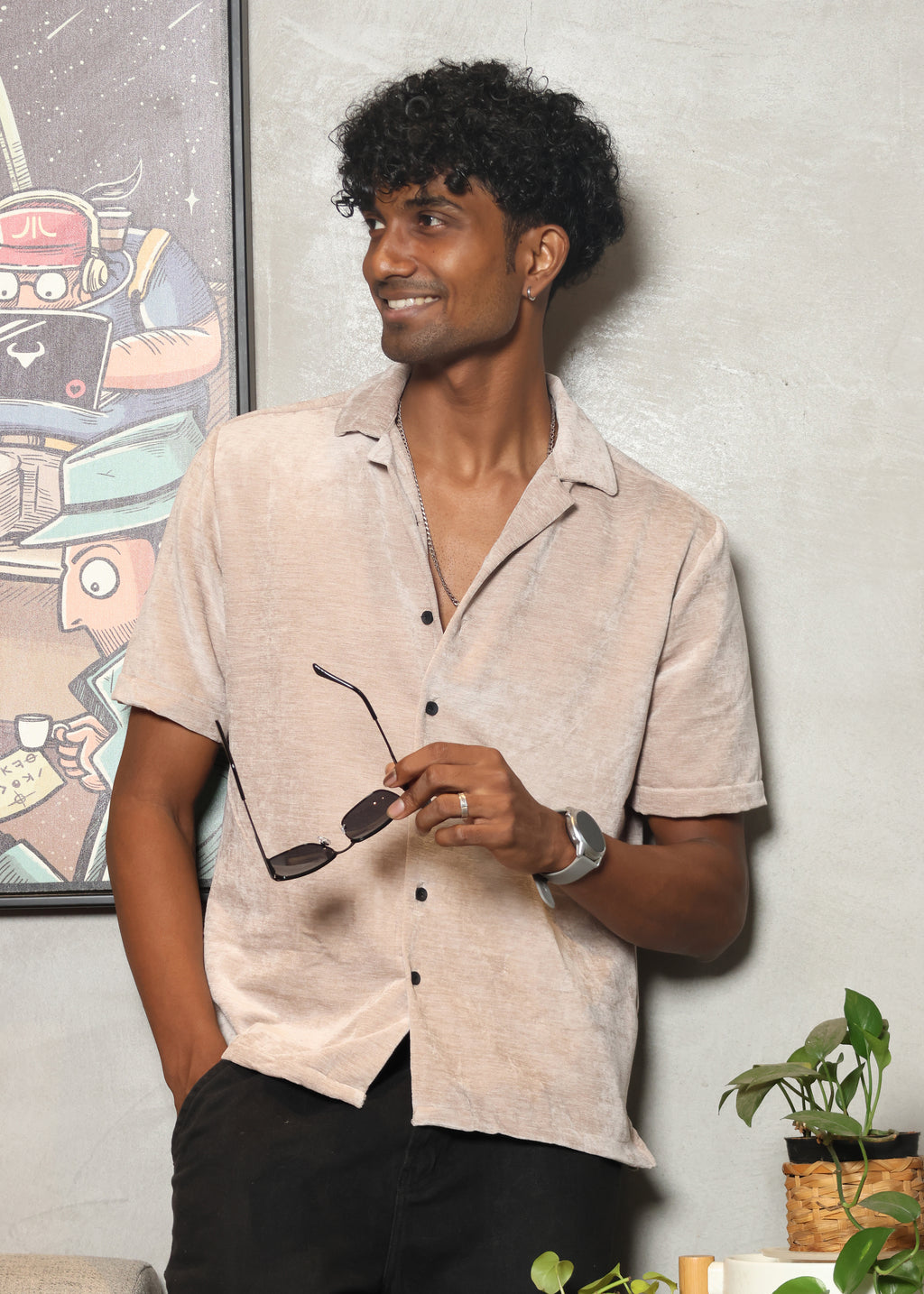 Velvet Half Sleeve Shirt - Beige - Snipes