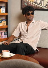 Velvet Half Sleeve Shirt - Beige