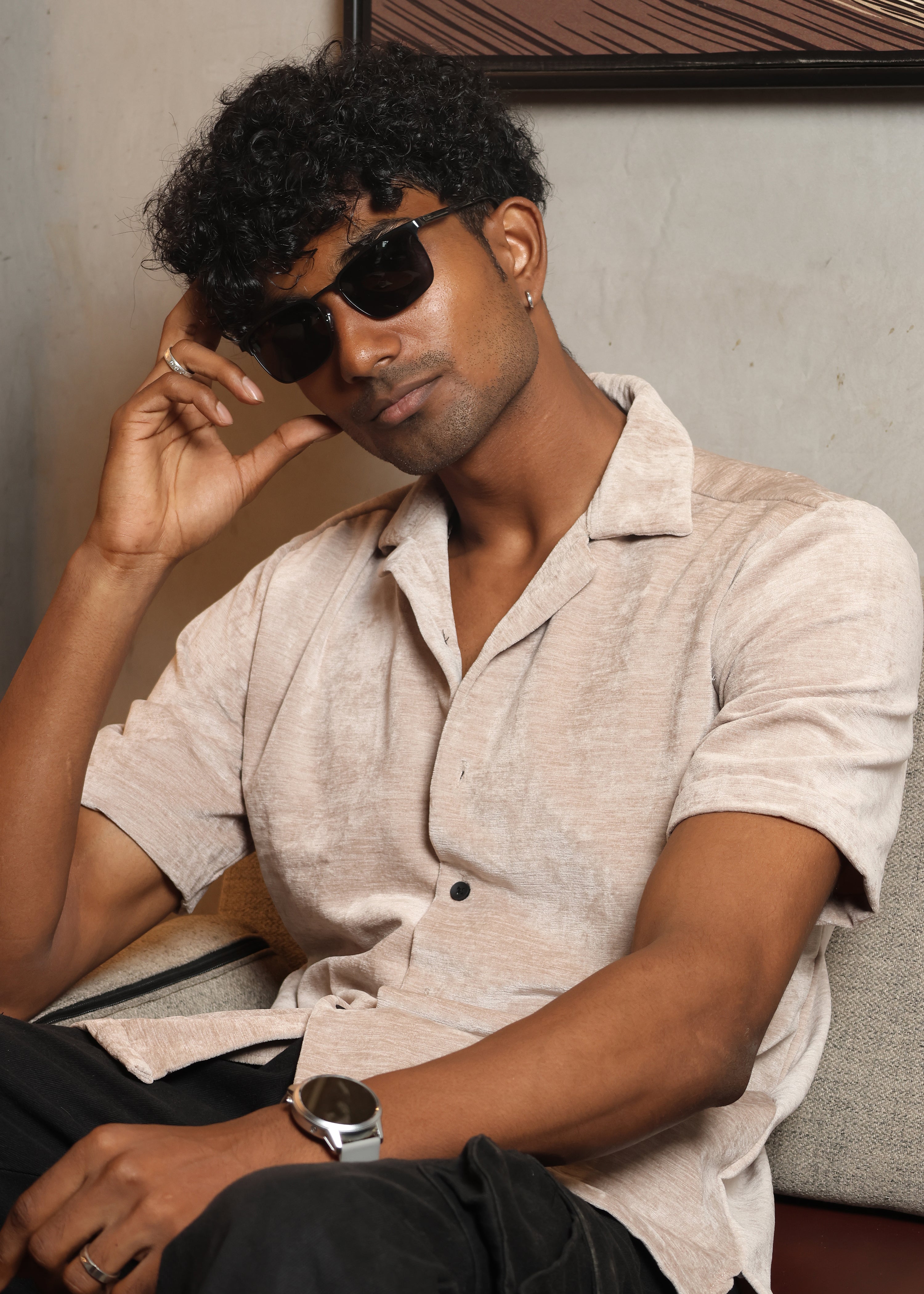 Velvet Half Sleeve Shirt - Beige - Snipes