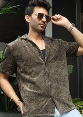 Velvet Half Sleeve Shirt - Olive