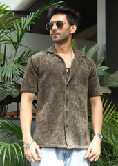 Velvet Half Sleeve Shirt - Olive