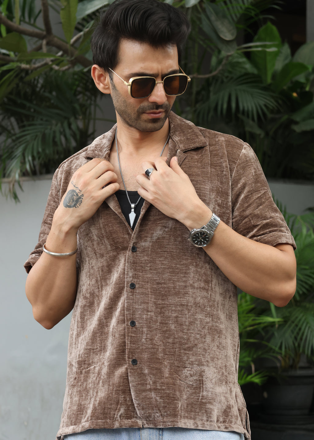 Velvet Half Sleeve Shirt - Brown - Snipes