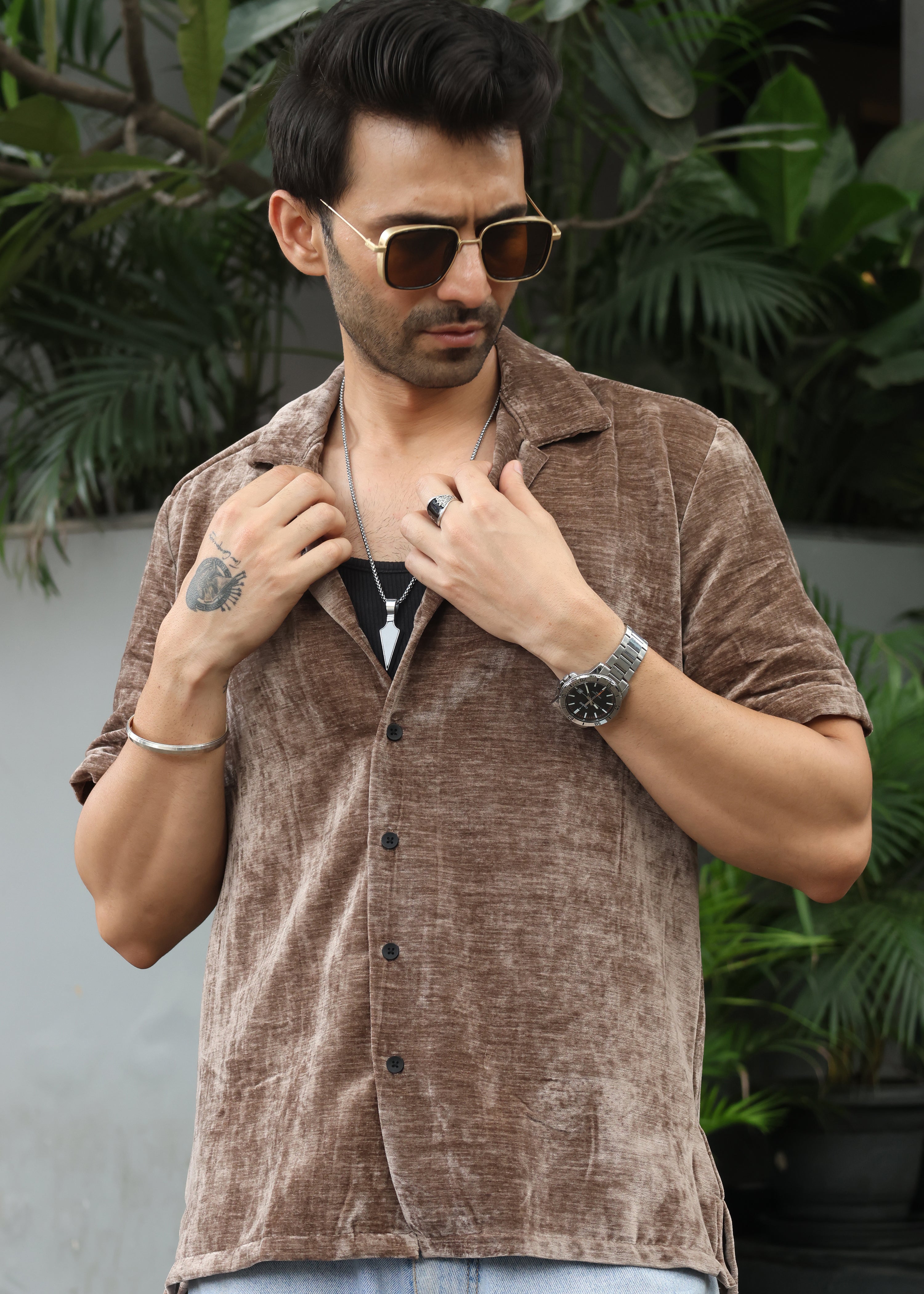 Velvet Half Sleeve Shirt - Brown - Snipes