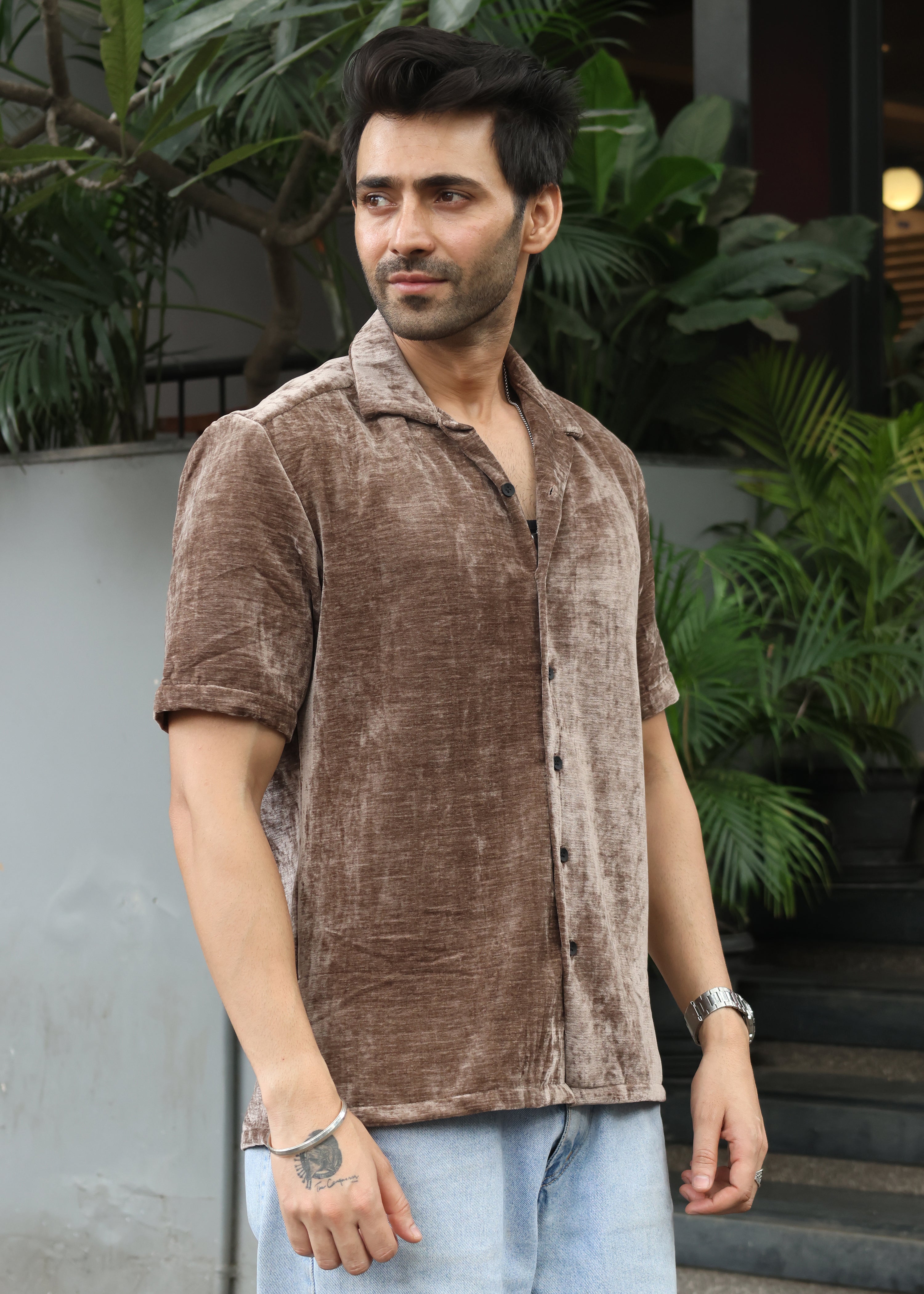 Velvet Half Sleeve Shirt - Brown - Snipes