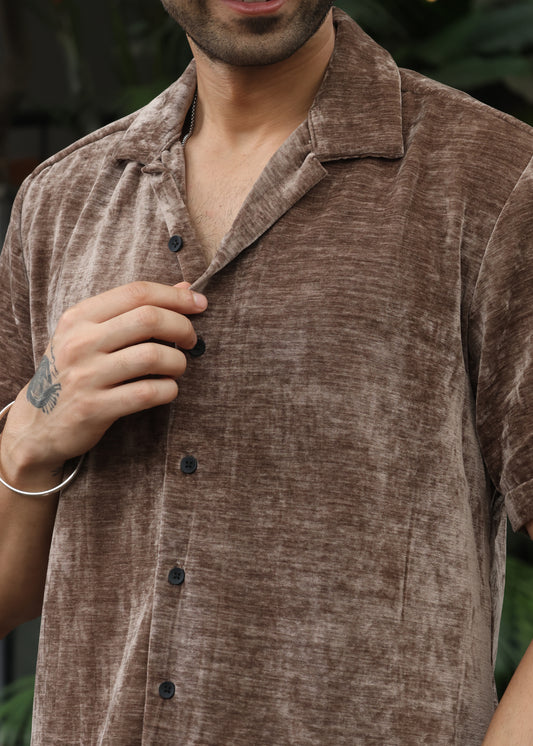 Velvet Half Sleeve Shirt - Brown
