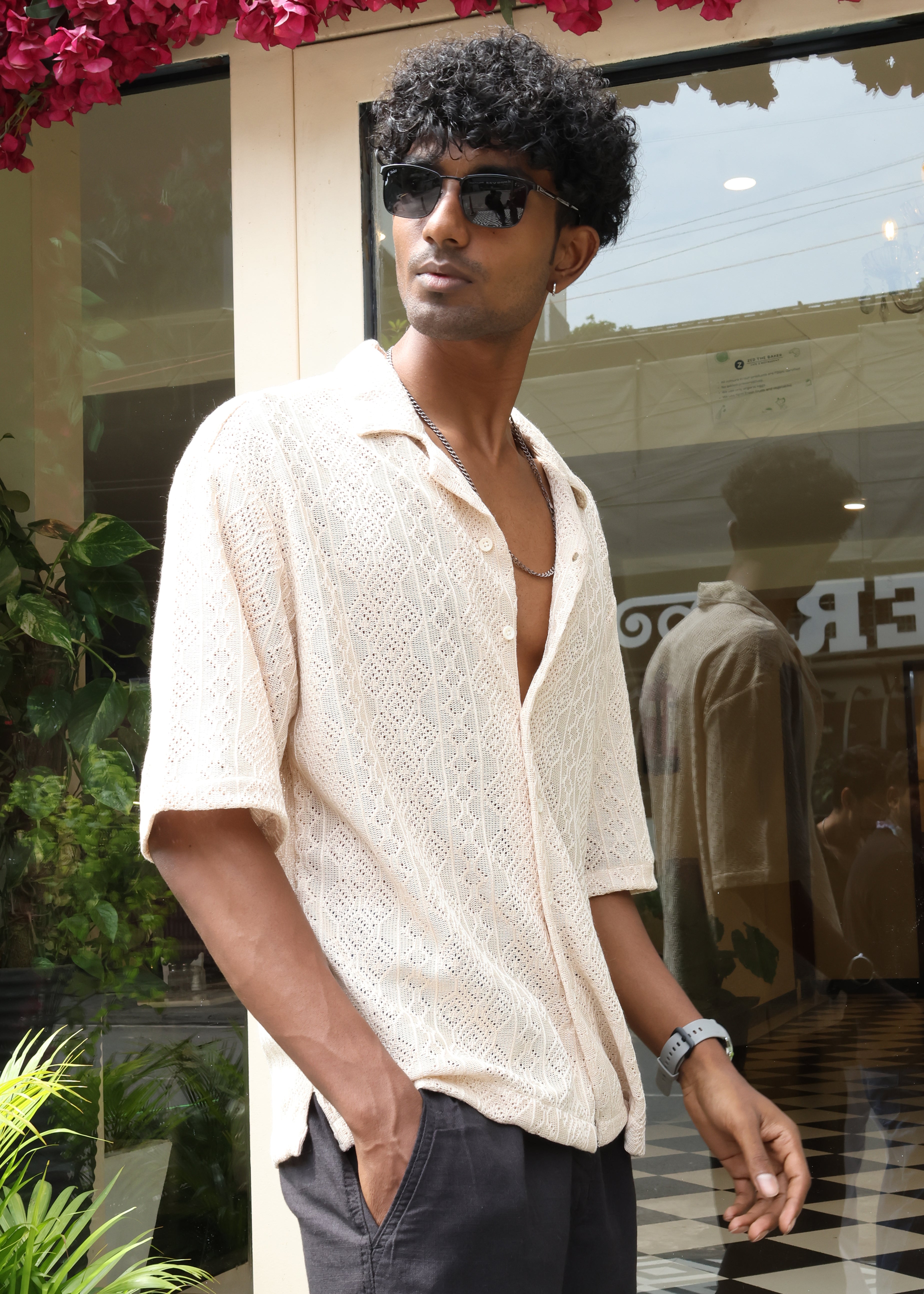 Textured Open-Weave Shirt - Beige - Snipes