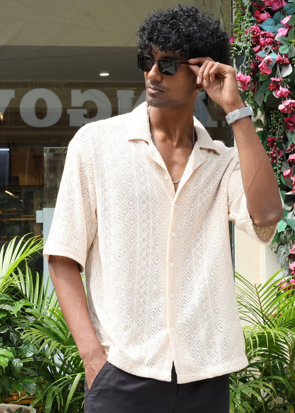 Textured Open-Weave Shirt - Beige - Snipes
