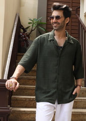 Textured Open-Weave Half-Sleeve Shirt - Green