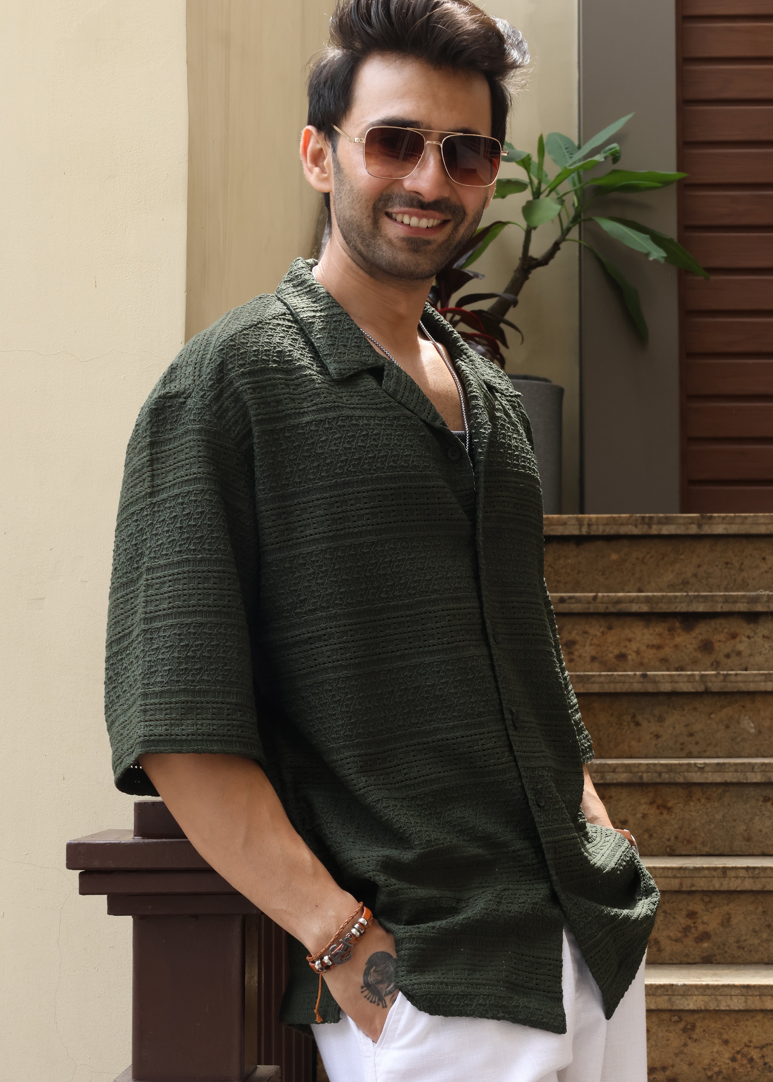 Textured Open-Weave Half-Sleeve Shirt - Green - Snipes