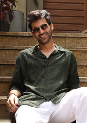 Textured Open-Weave Half-Sleeve Shirt - Green