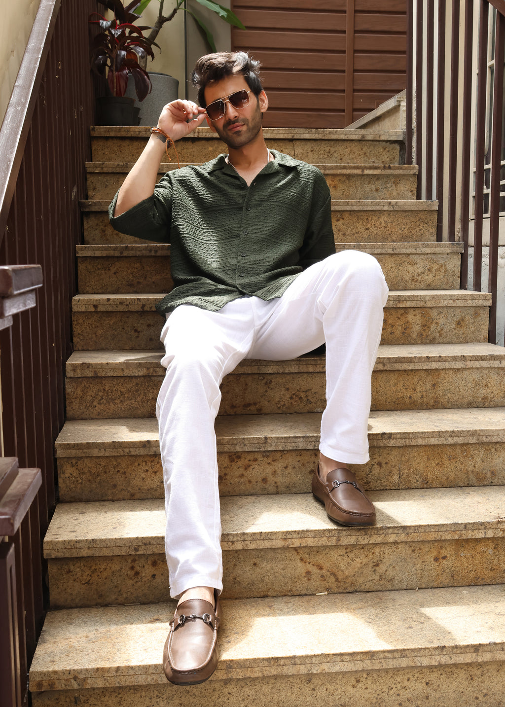 Textured Open-Weave Half-Sleeve Shirt - Green - Snipes