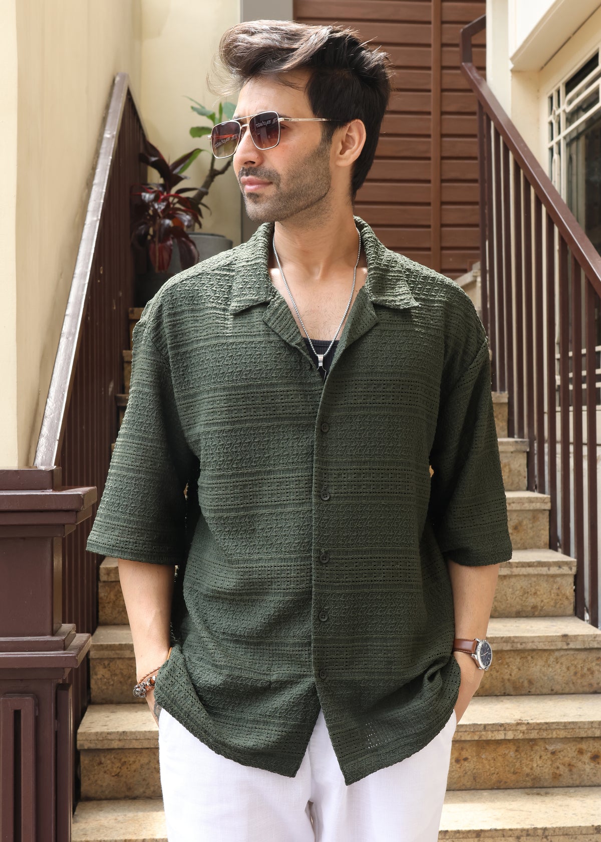 Textured Open-Weave Half-Sleeve Shirt - Green