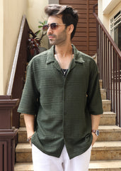 Textured Open-Weave Half-Sleeve Shirt - Green