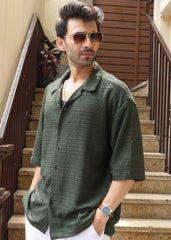 Textured Open-Weave Half-Sleeve Shirt - Green