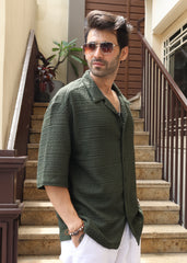 Textured Open-Weave Half-Sleeve Shirt - Green