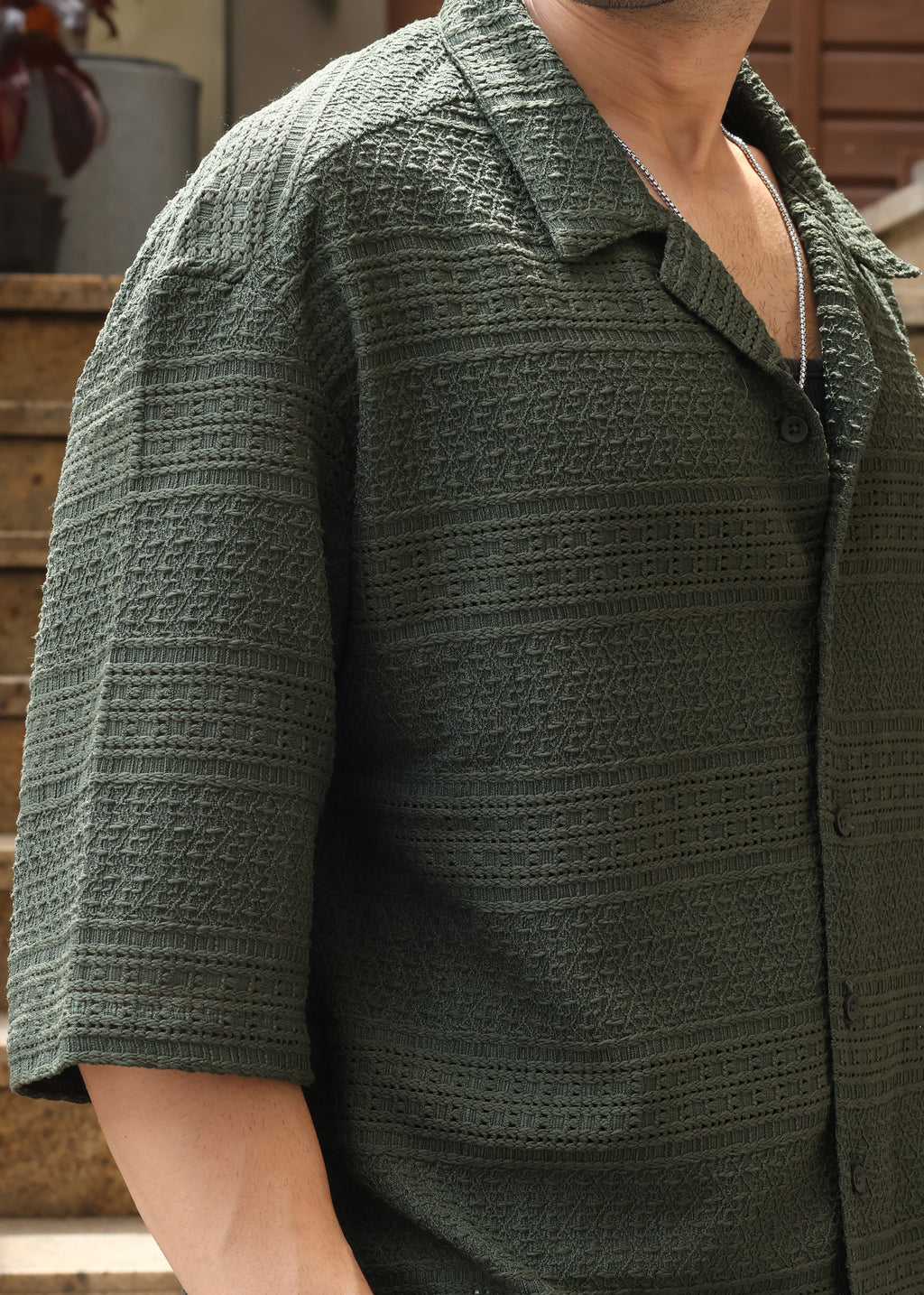 Textured Open-Weave Half-Sleeve Shirt - Green - Snipes