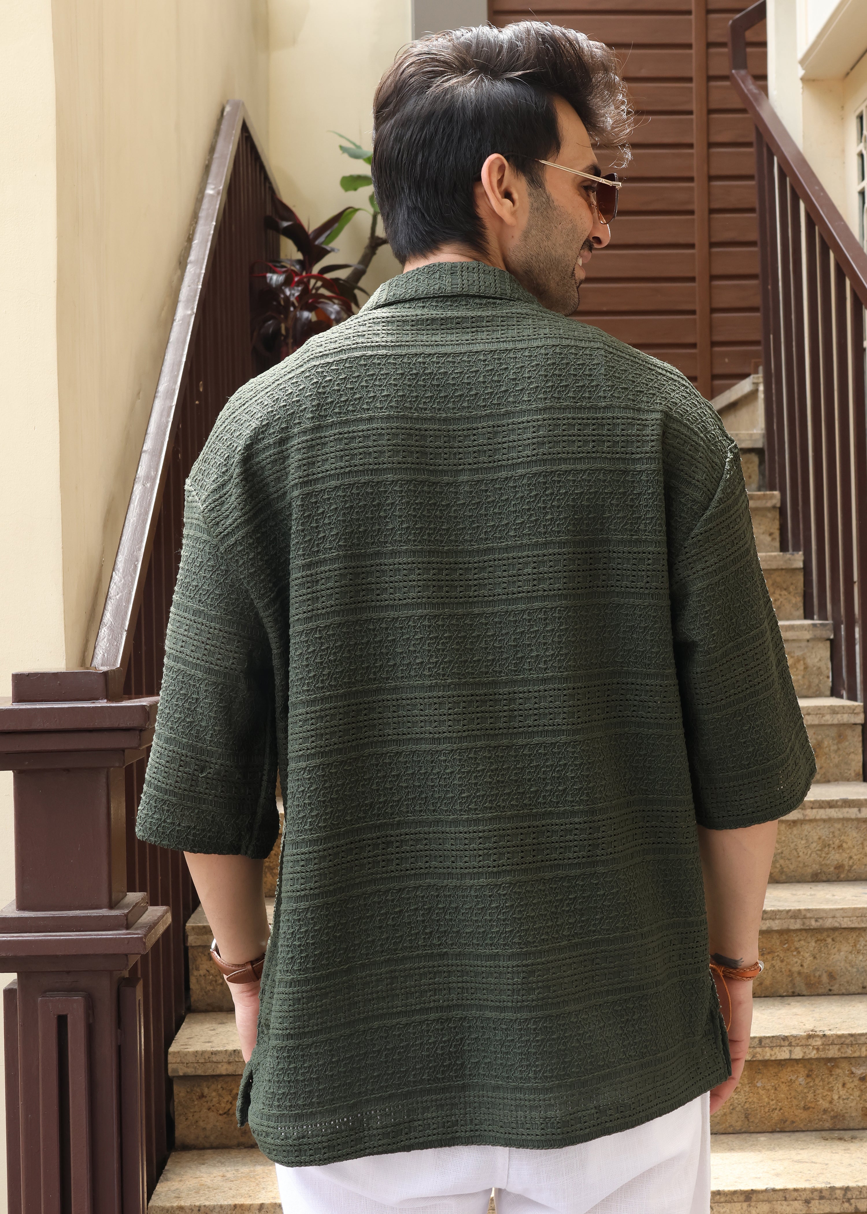 Textured Open-Weave Half-Sleeve Shirt - Green Secondary image