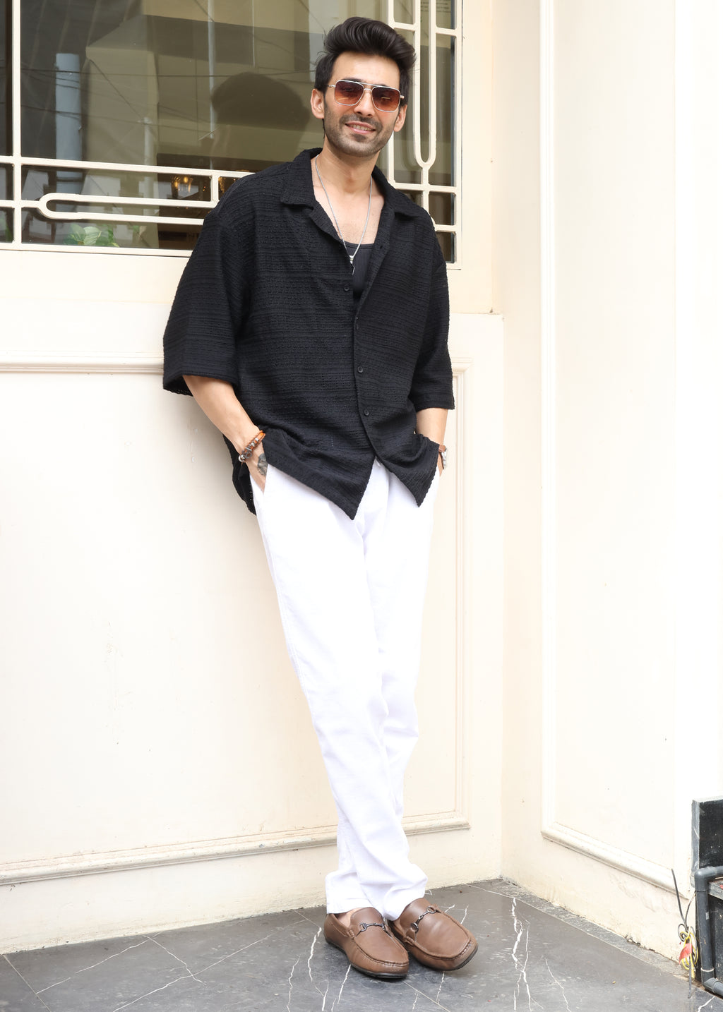 Textured Open-Weave Half-Sleeve Shirt - Black - Snipes