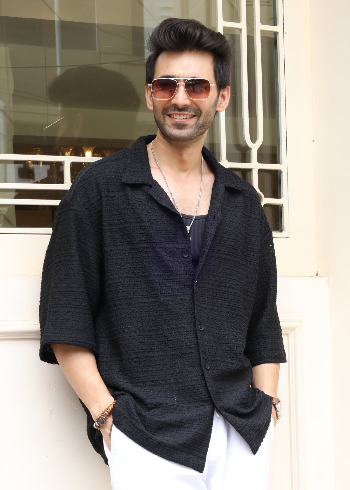 Textured Open-Weave Half-Sleeve Shirt - Black