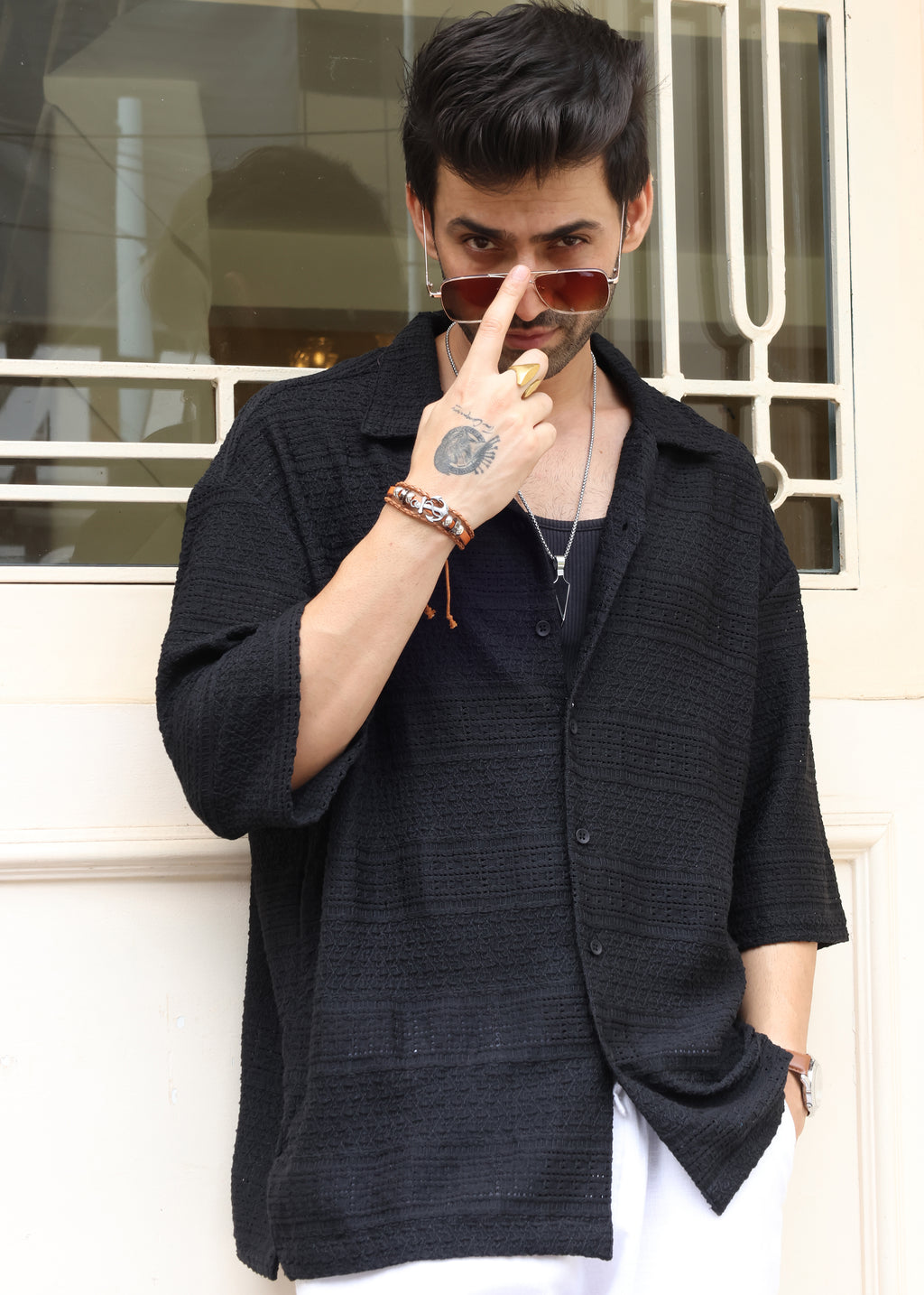 Textured Open-Weave Half-Sleeve Shirt - Black - Snipes