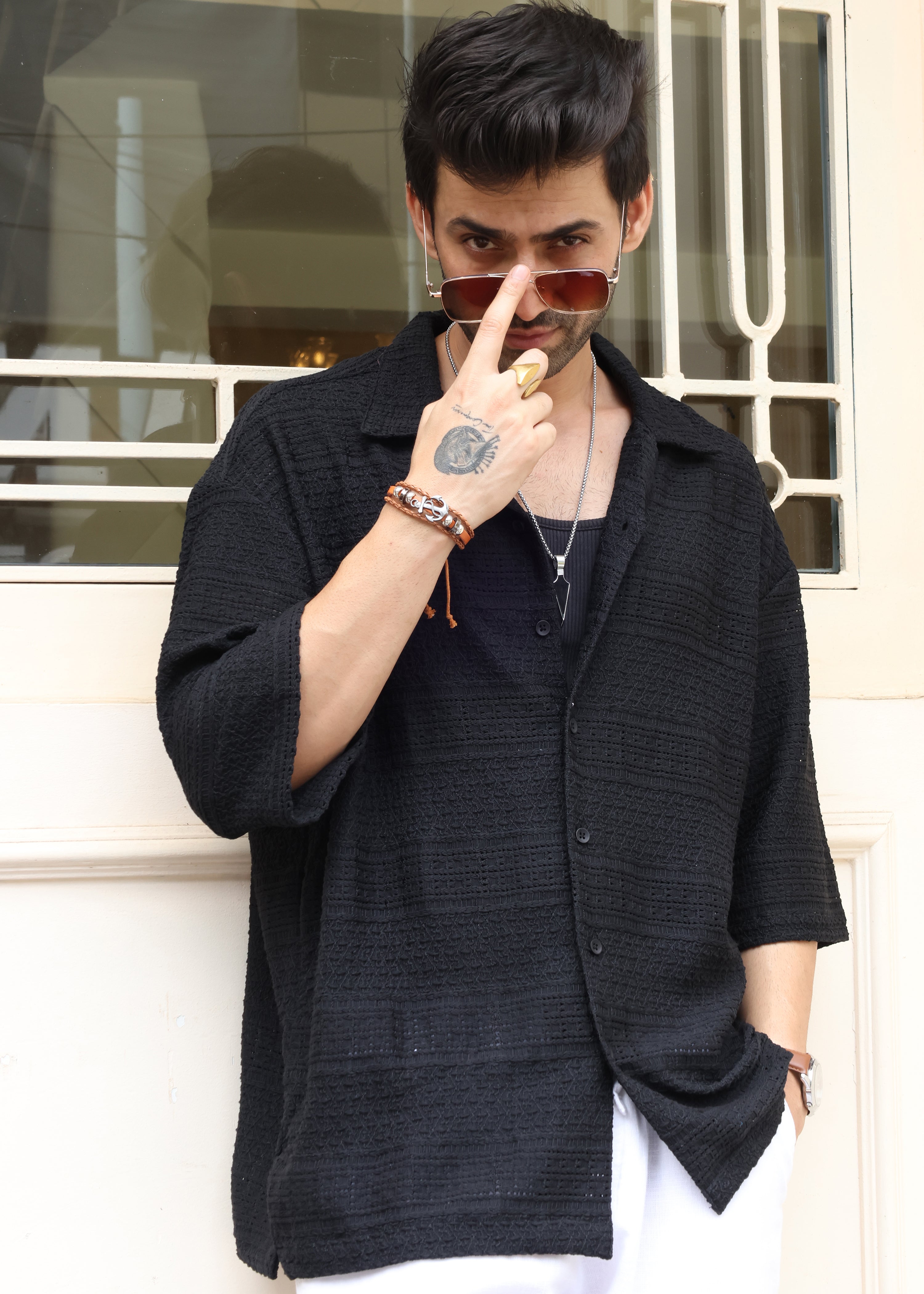 Textured Open-Weave Half-Sleeve Shirt - Black - Snipes