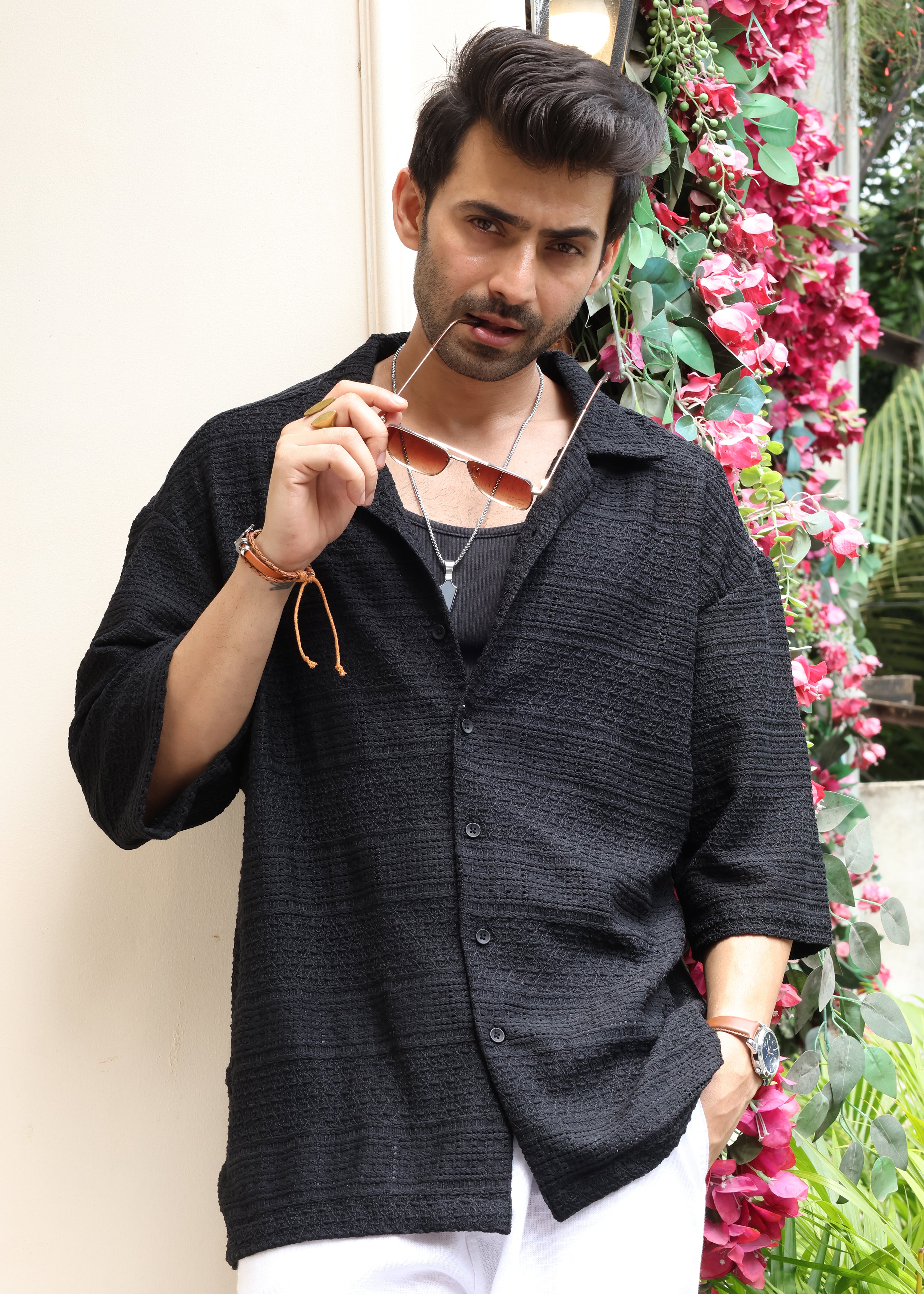 Textured Open-Weave Half-Sleeve Shirt - Black - Snipes