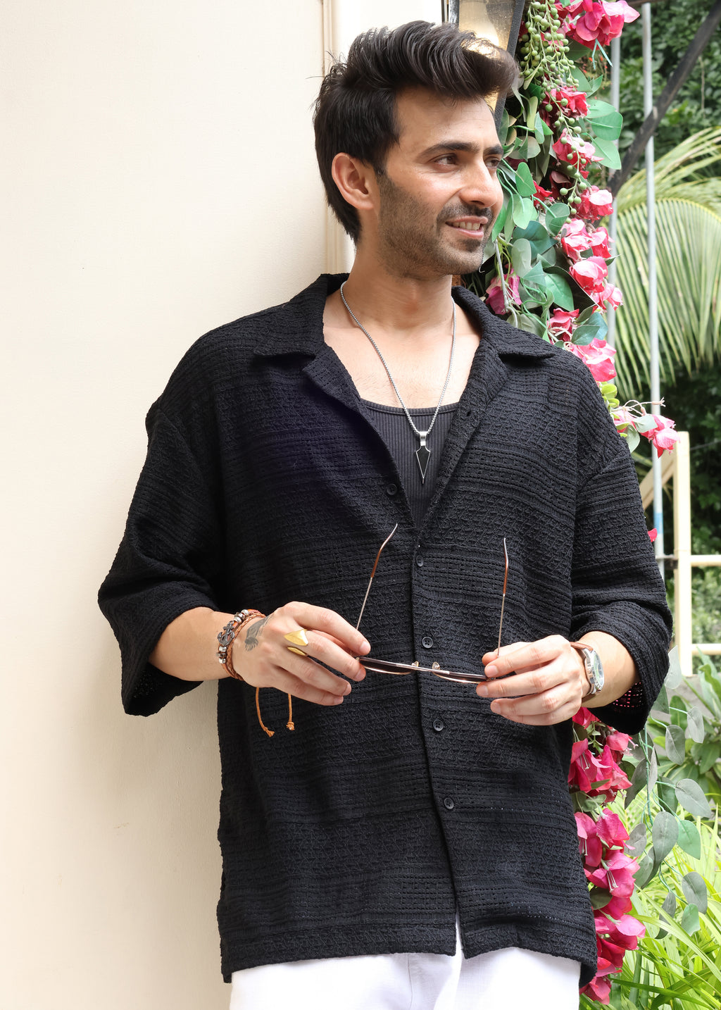 Textured Open-Weave Half-Sleeve Shirt - Black - Snipes