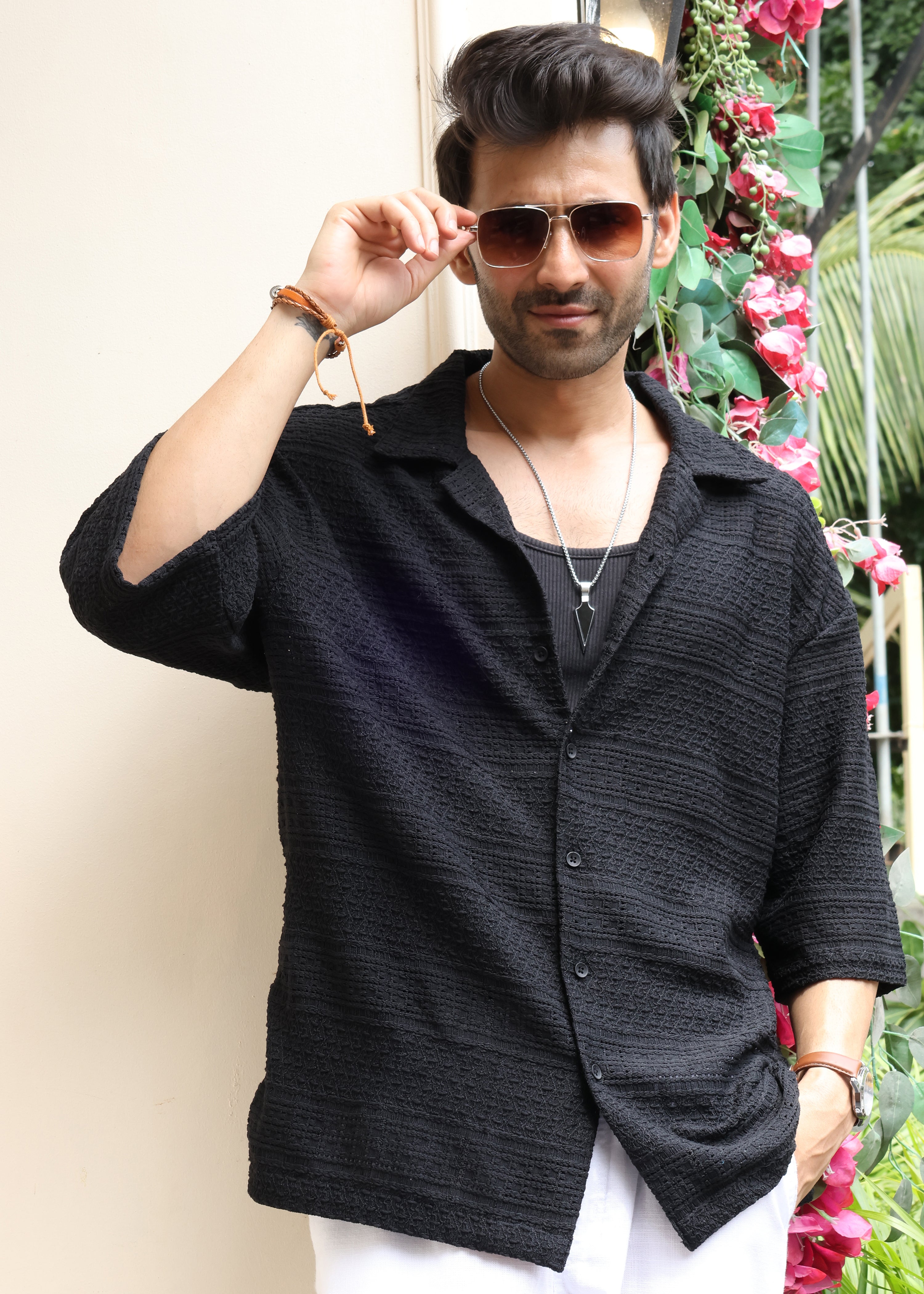 Textured Open-Weave Half-Sleeve Shirt - Black Secondary image