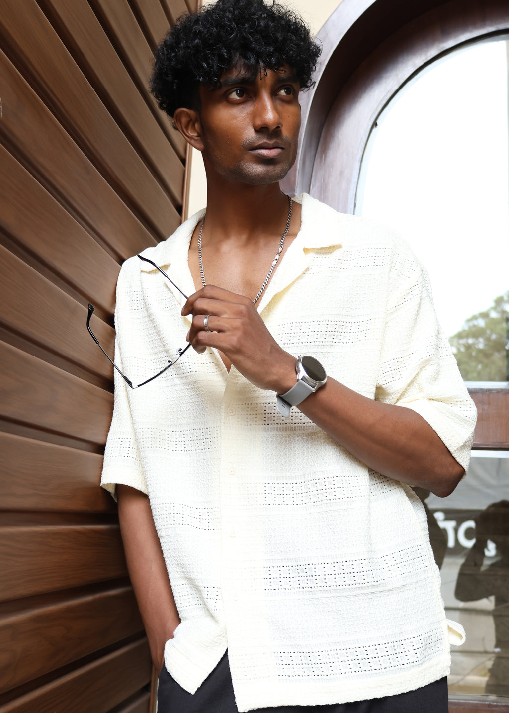Textured Open-Weave Half-Sleeve Shirt - Cream - Snipes