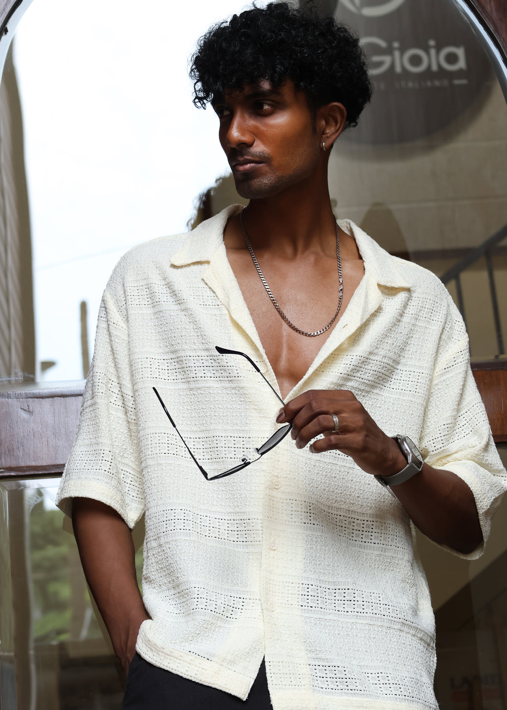 Textured Open-Weave Half-Sleeve Shirt - Cream - Snipes