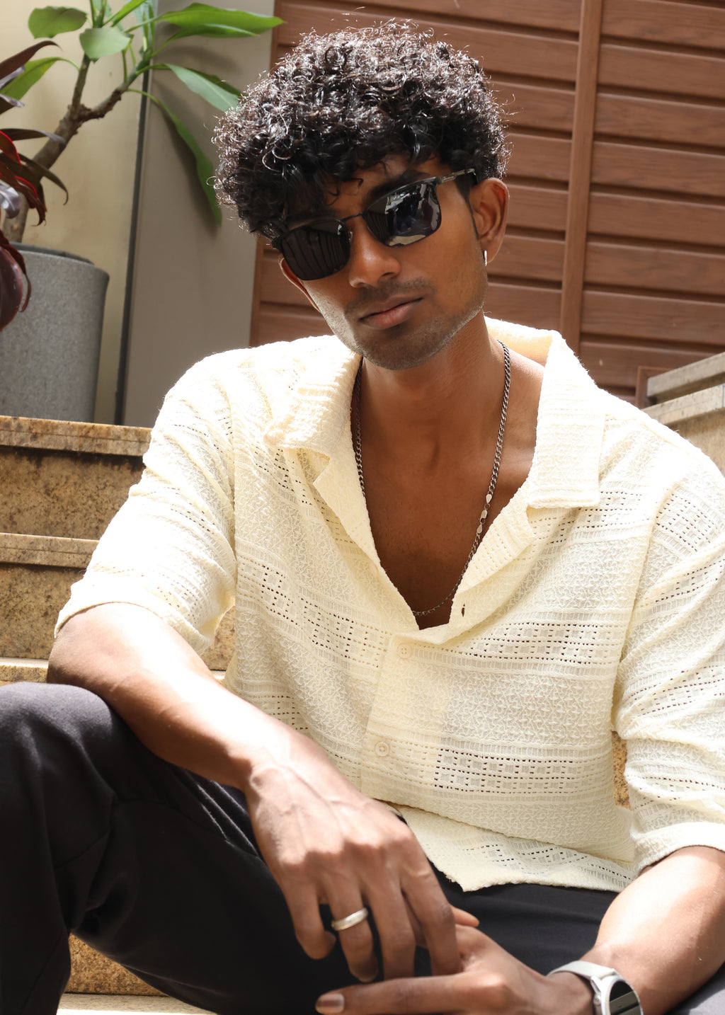 Textured Open-Weave Half-Sleeve Shirt - Cream - Snipes
