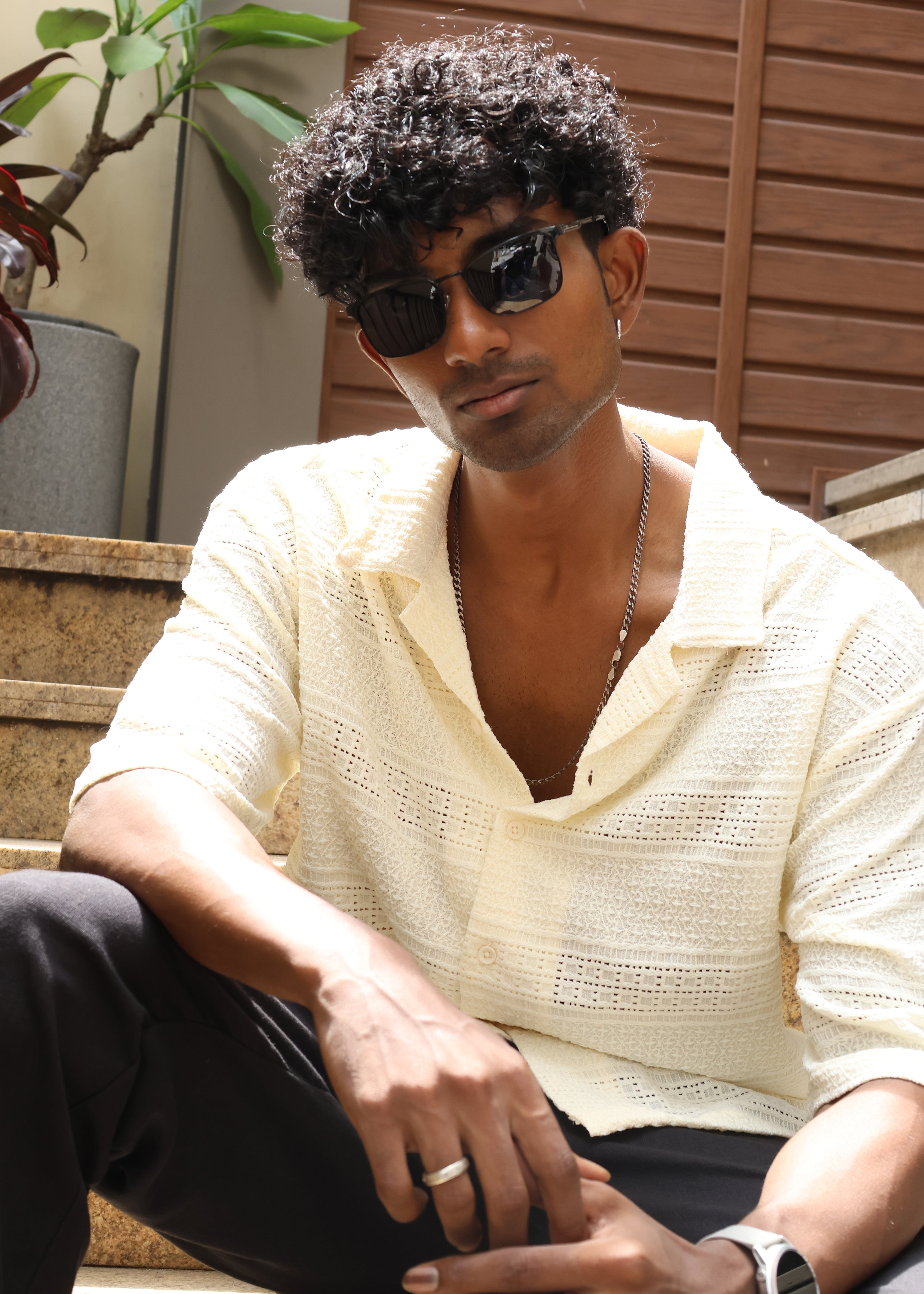 Textured Open-Weave Half-Sleeve Shirt - Cream - Snipes