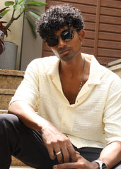 Textured Open-Weave Half-Sleeve Shirt - Cream