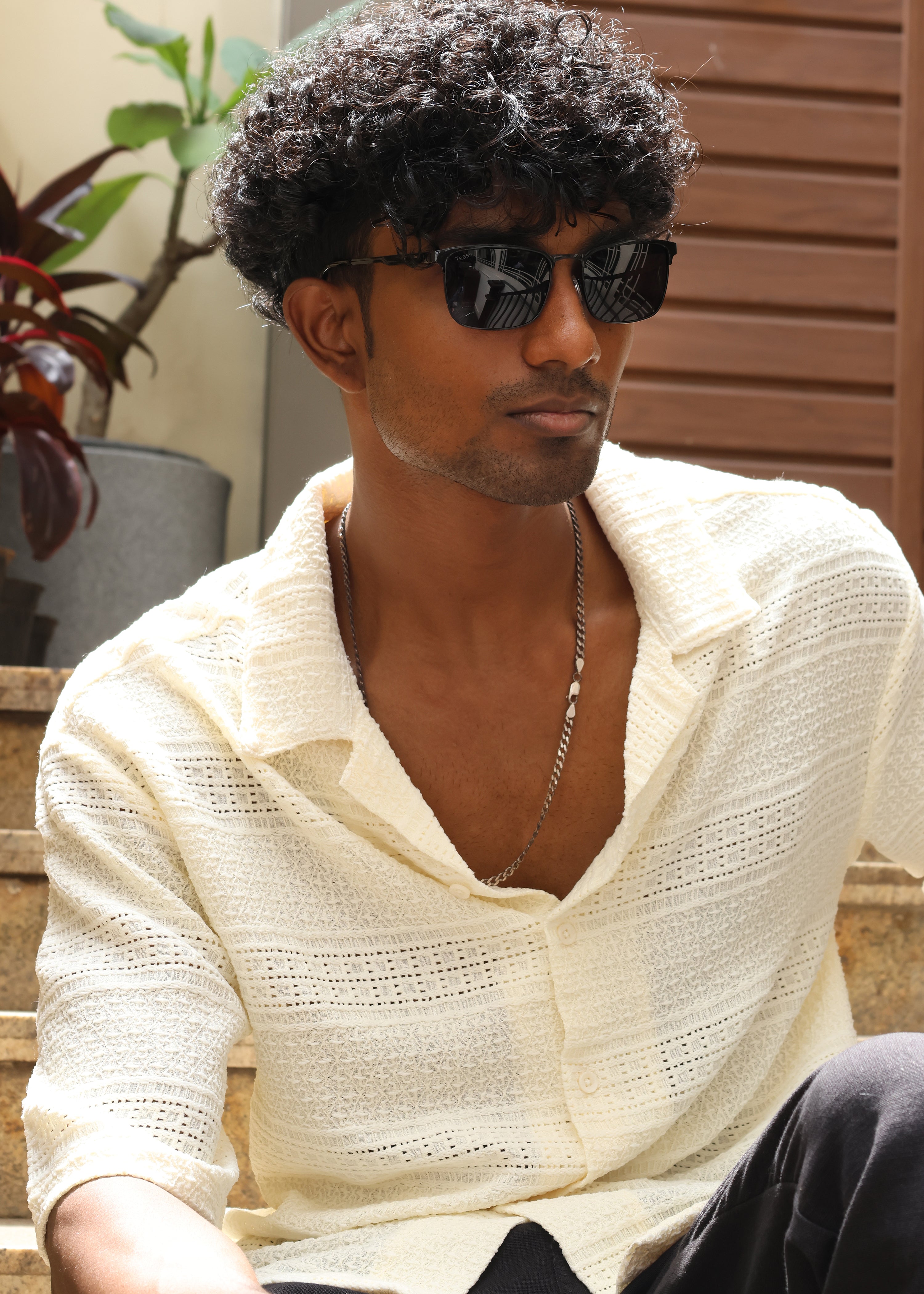 Textured Open-Weave Half-Sleeve Shirt - Cream - Snipes