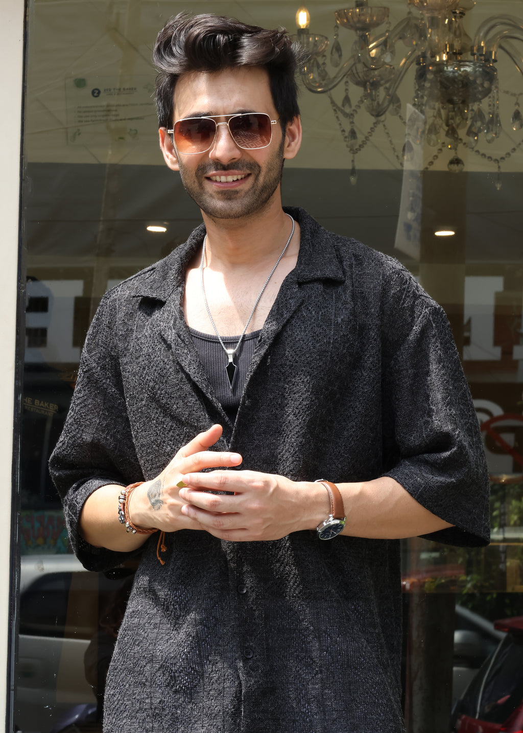 Textured Open-Weave Shirt - Black - Snipes