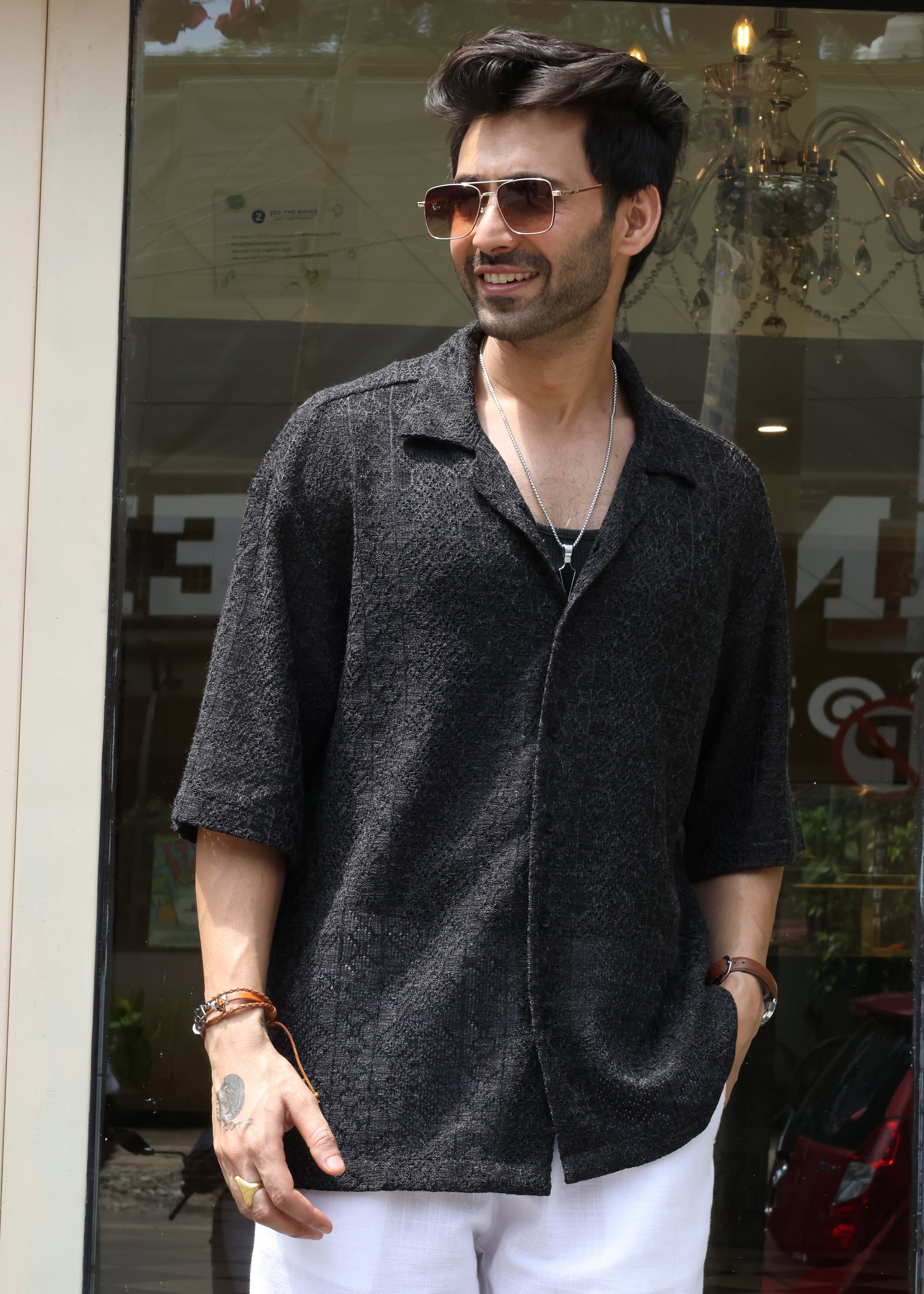 Textured Open-Weave Shirt - Black - Snipes