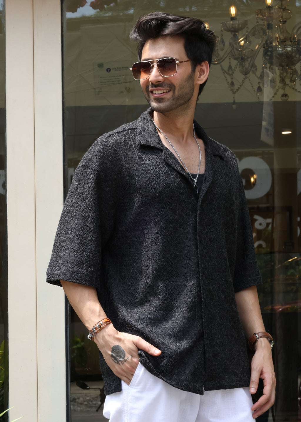 Textured Open-Weave Shirt - Black - Snipes