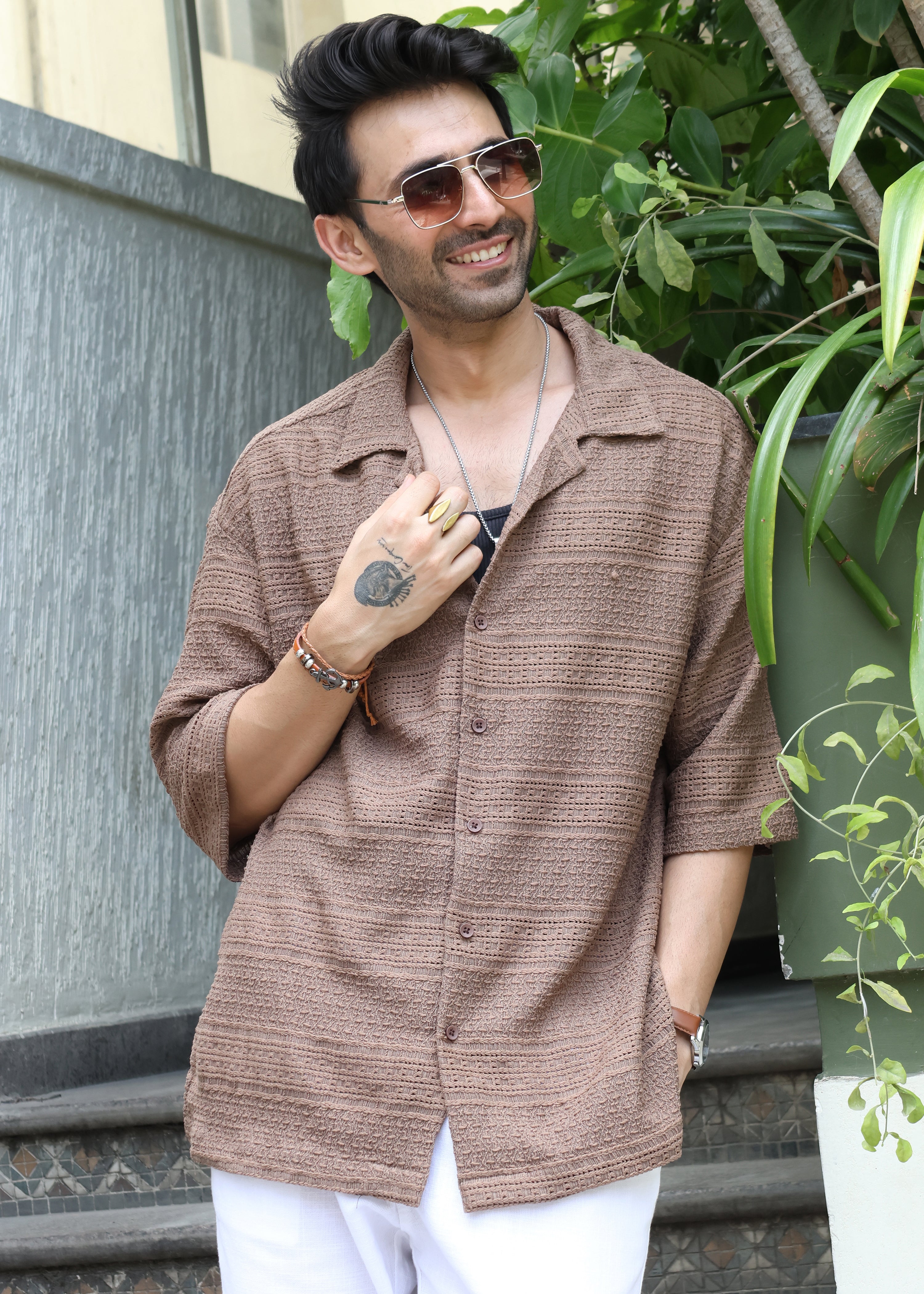 Textured Open-Weave Half-Sleeve Shirt - Brown - Snipes