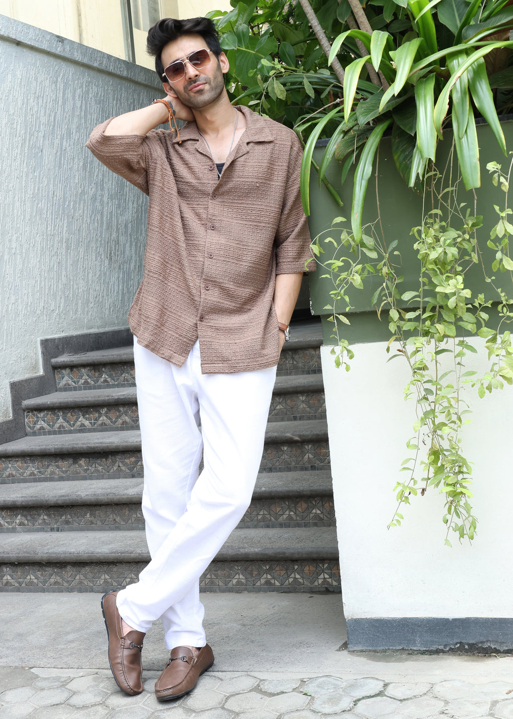 Textured Open-Weave Half-Sleeve Shirt - Brown - Snipes