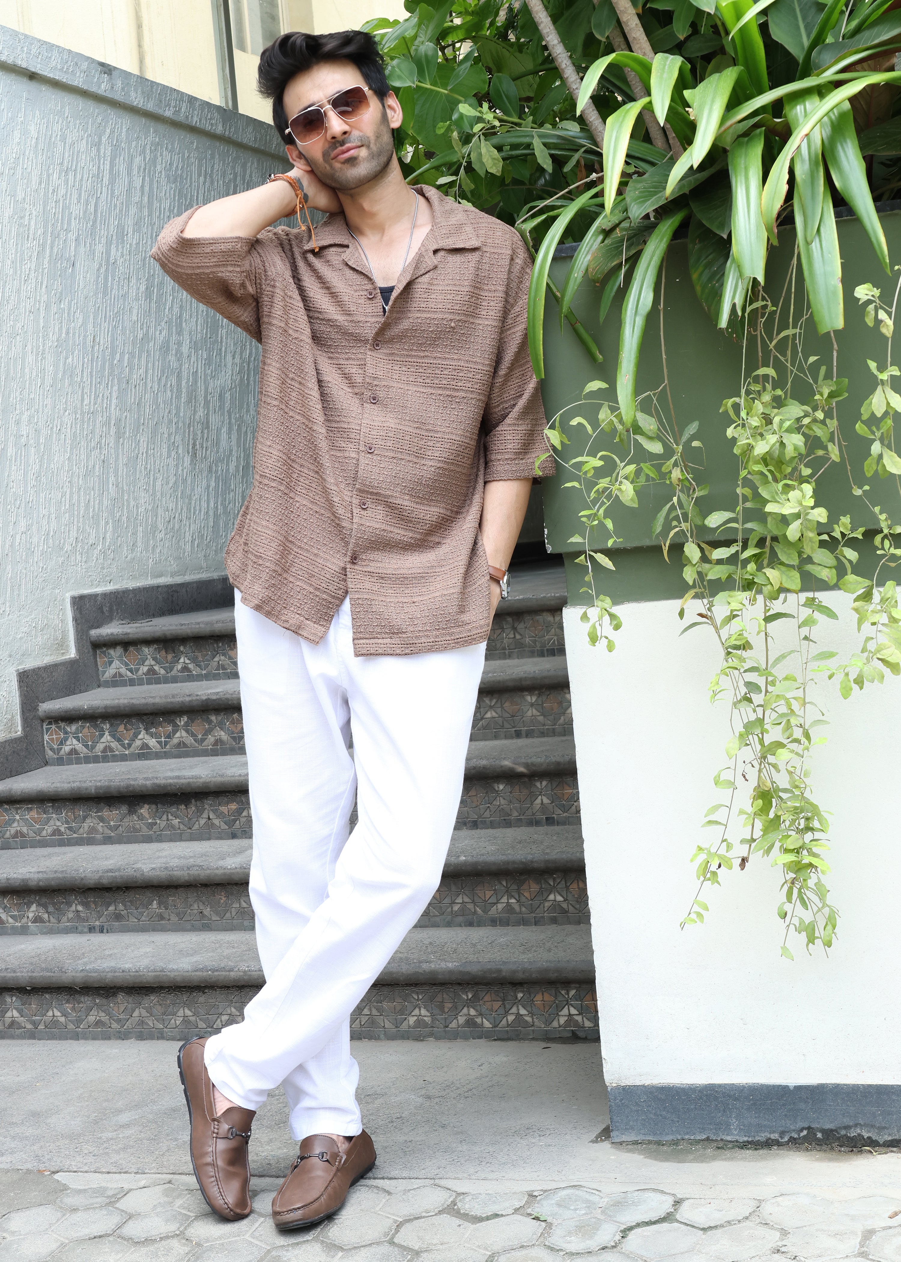 Textured Open-Weave Half-Sleeve Shirt - Brown - Snipes