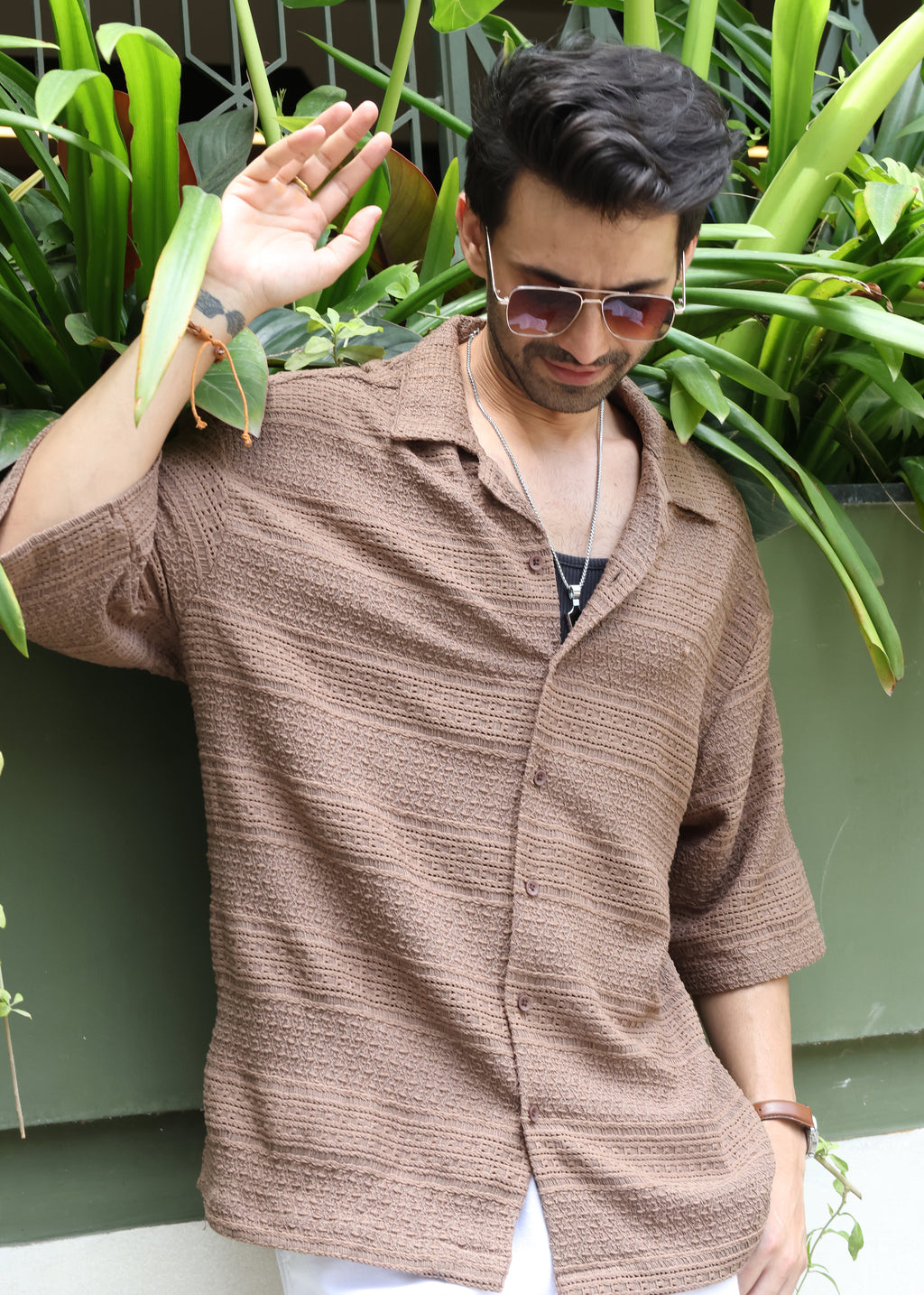 Textured Open-Weave Half-Sleeve Shirt - Brown - Snipes