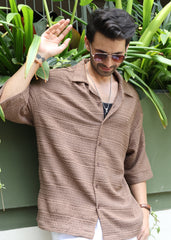 Textured Open-Weave Half-Sleeve Shirt - Brown