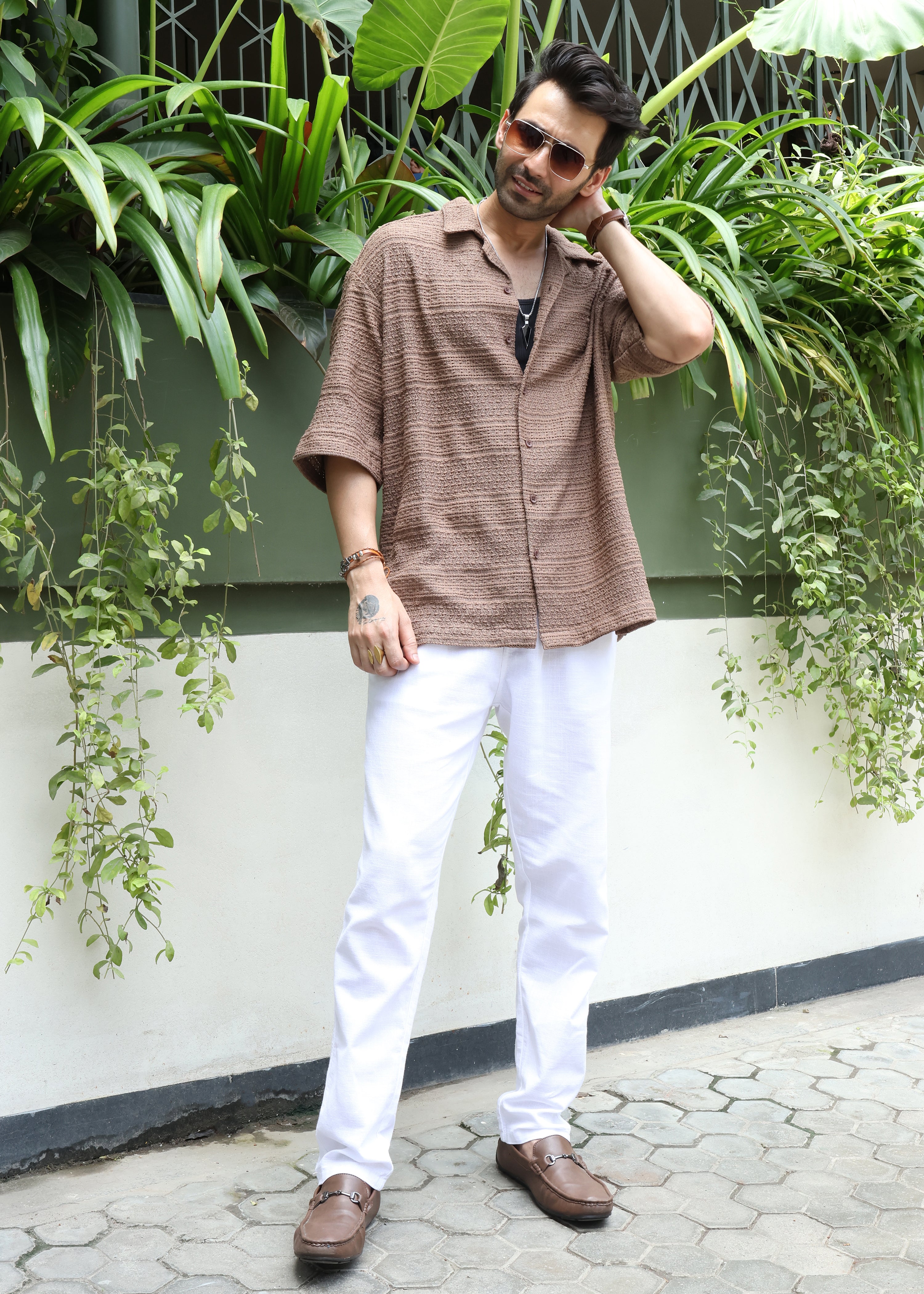 Textured Open-Weave Half-Sleeve Shirt - Brown - Snipes