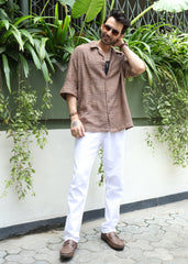 Textured Open-Weave Half-Sleeve Shirt - Brown