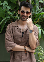 Textured Open-Weave Half-Sleeve Shirt - Brown