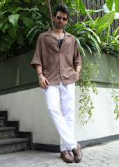 Textured Open-Weave Half-Sleeve Shirt - Brown