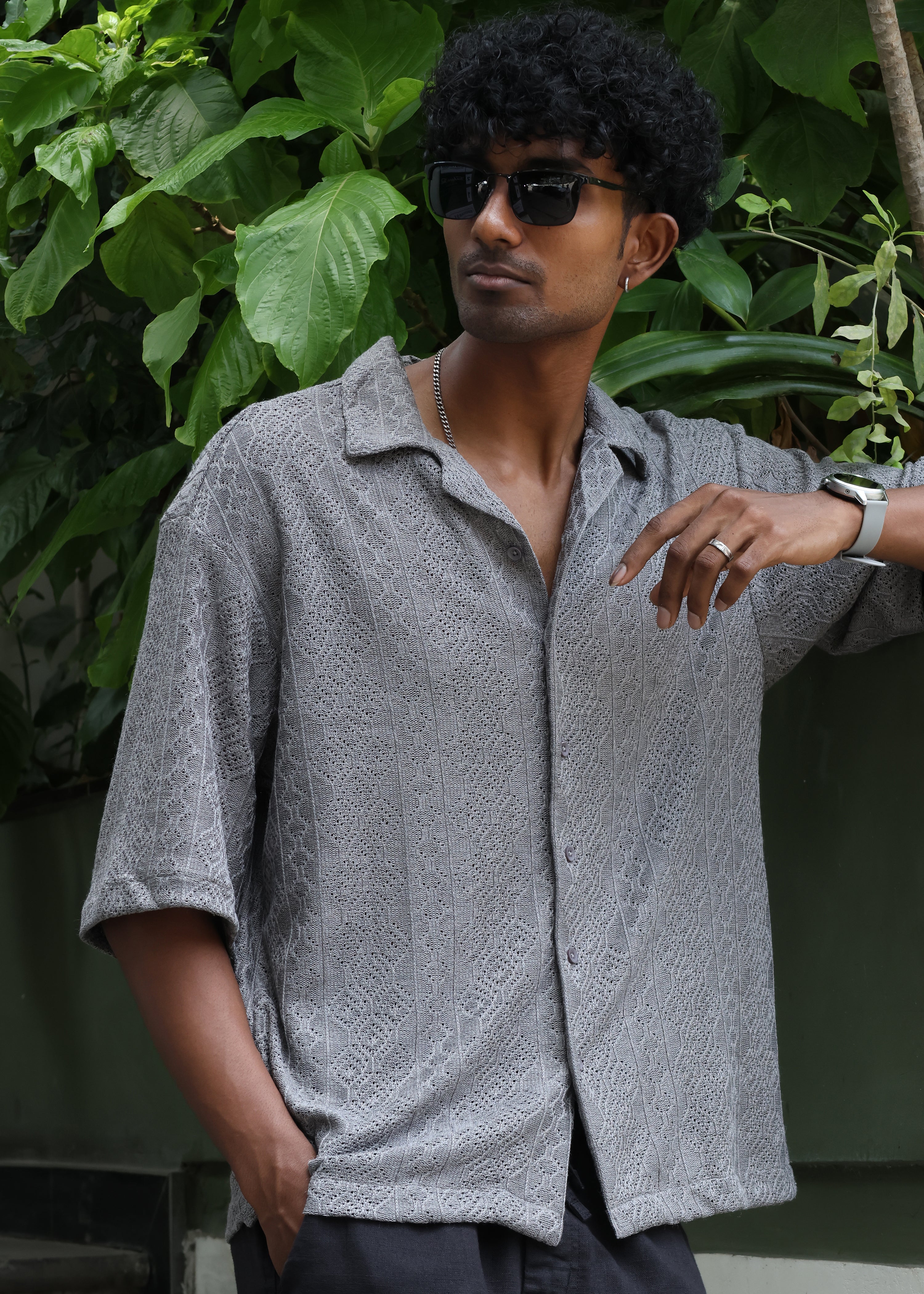 Textured Open-Weave Shirt - Grey - Snipes