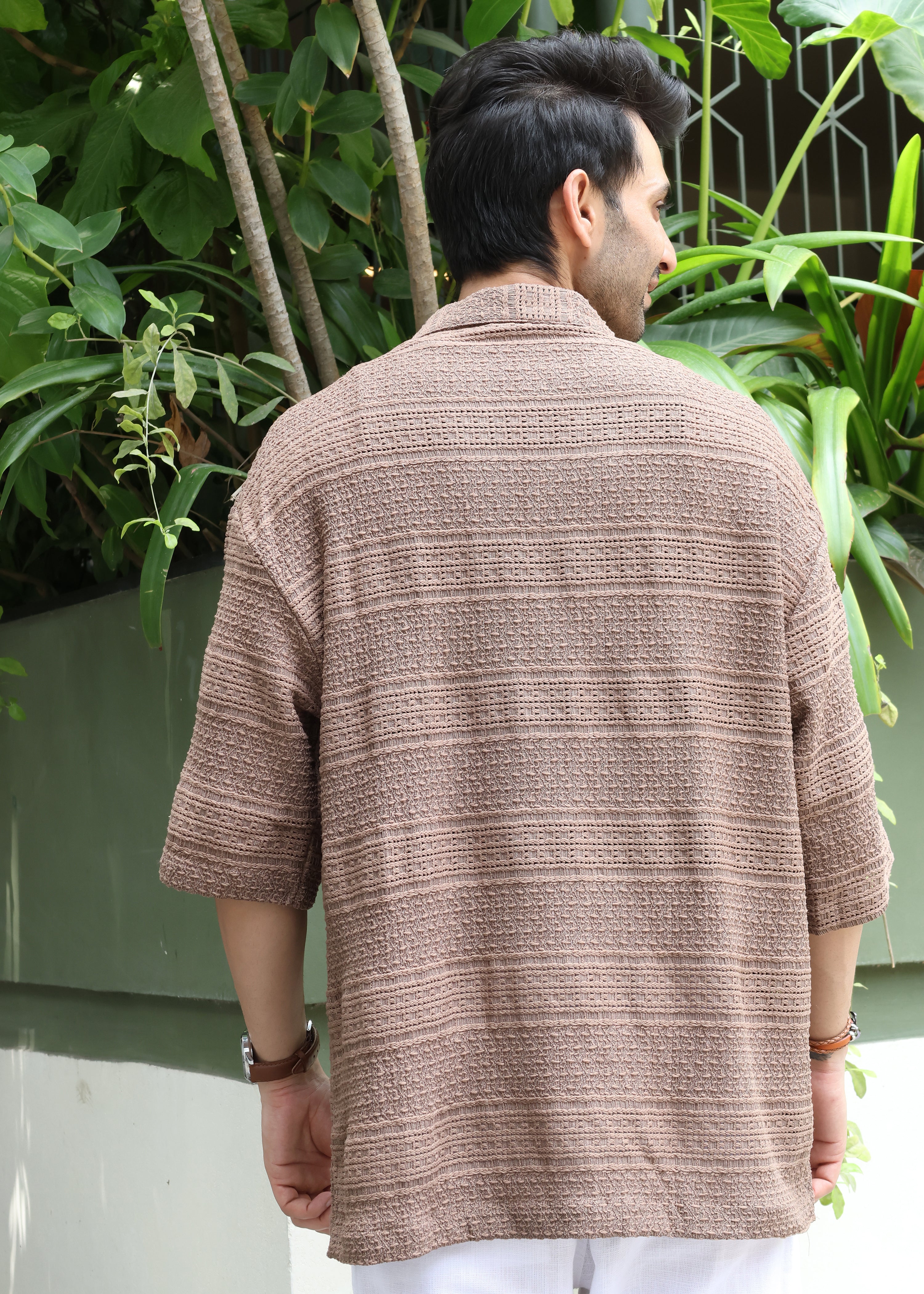 Textured Open-Weave Half-Sleeve Shirt - Brown Secondary image