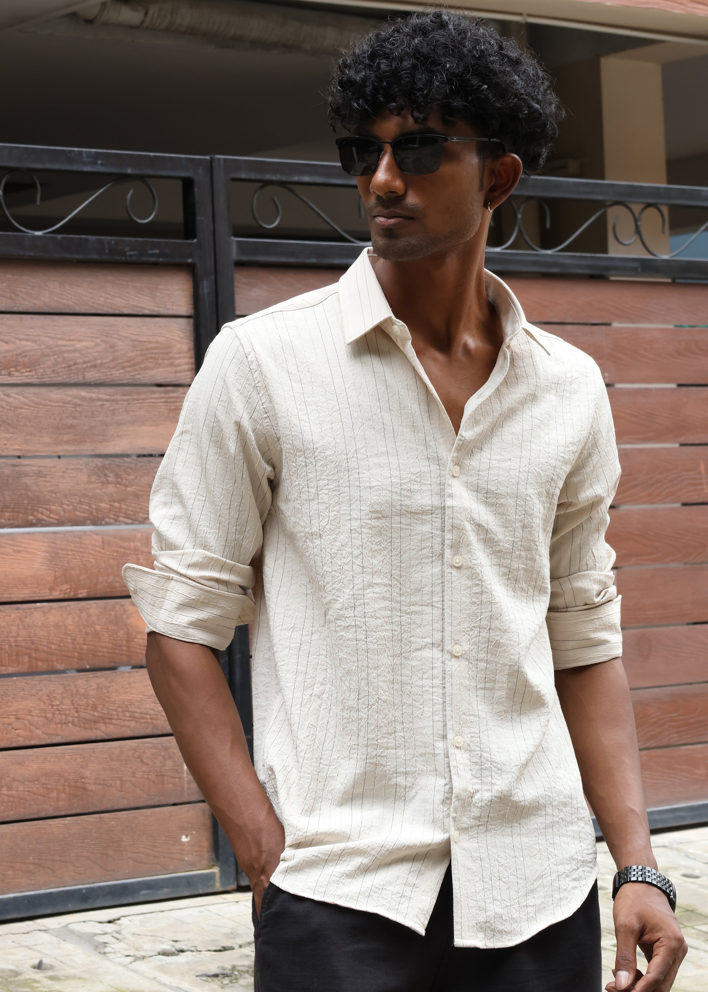 Men’s Classic Striped Casual Shirt - Cream - Snipes
